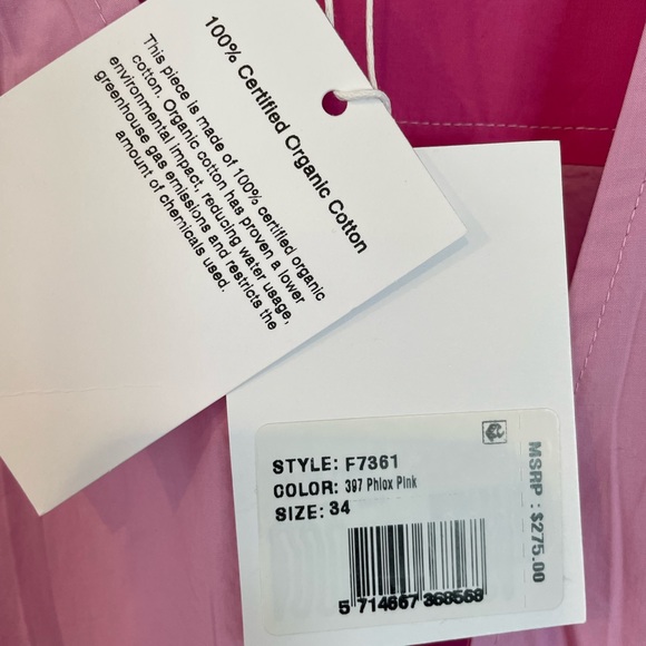 Ganni V-neck puff shoulder color block midi dress in Phlox pink. - Picture 7 of 12